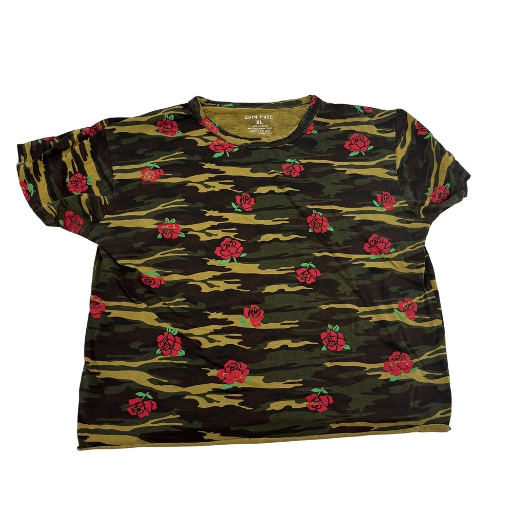 On‎ Fire Womens Camo Rose Print T-Shirt XL Green Brown Floral Raw Hem Cotton Tee